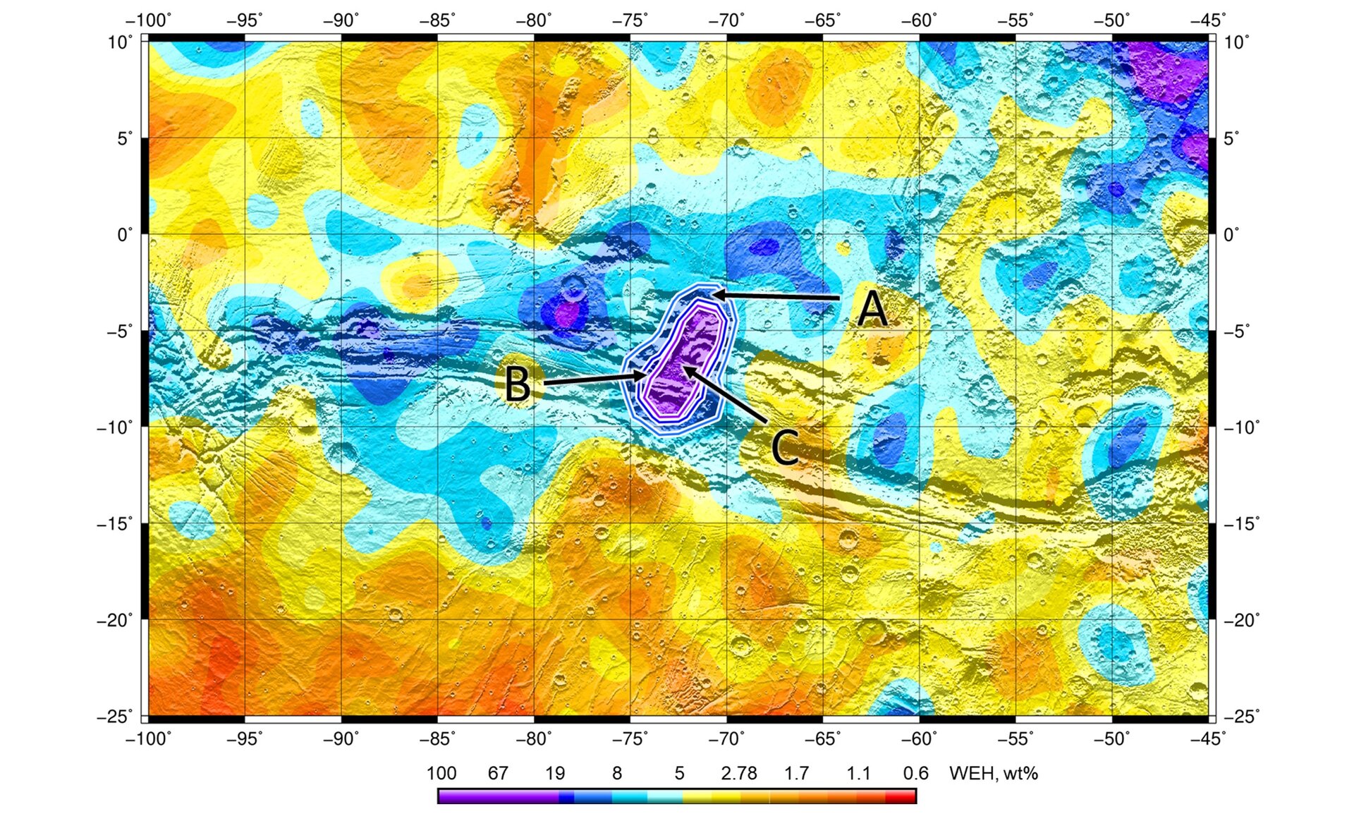 Фиолетовым цветом вы видите самый богатый водой регион, обнаруженный ExoMars. До 40% приповерхностного материала состоит из воды. Предоставлено: ESA.
