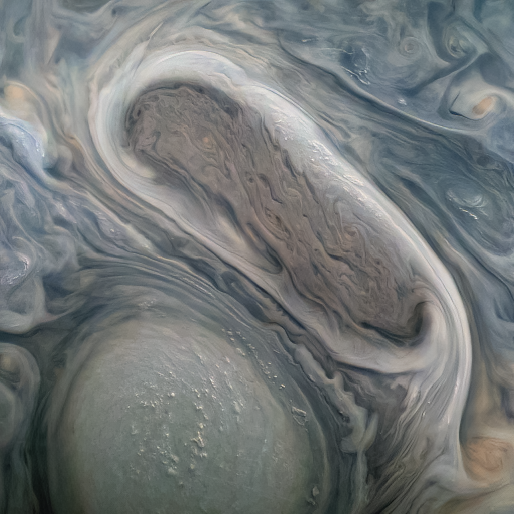Новое изображение с JunoCam двух огромных вращающихся штормов на Юпитере. Предоставлено: NASA / JPL-Caltech / SwRI / MSSS, Кевин М. Гилл. CC BY.