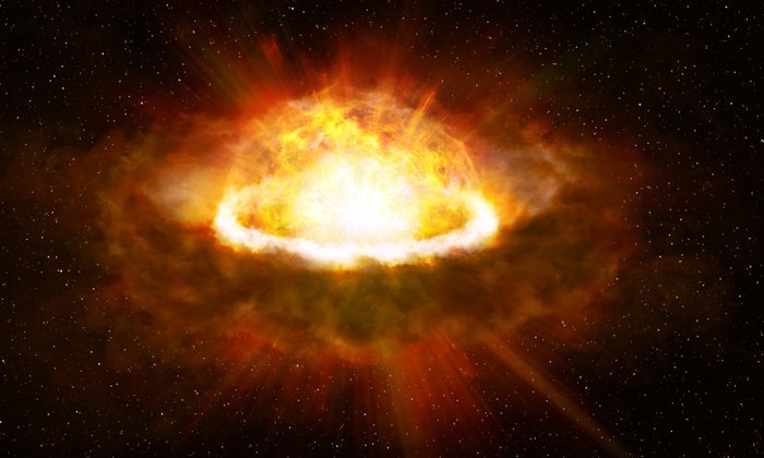 Художественная концепция высокой энергии, высвобождаемой при взаимодействии ограниченного CSM (тора) и выброса сверхновой вскоре после взрыва белого карлика. Предоставлено: обсерватория Кисо, Токийский университет.