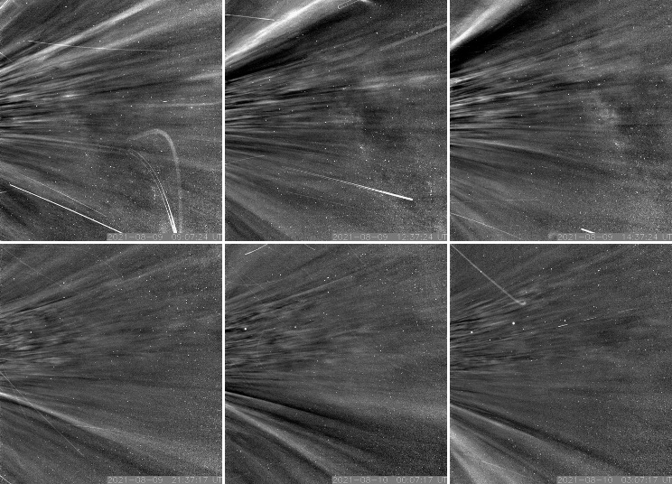 Снимки корональных стримеров, которые были видны во время прохождения Паркером короны Солнца. Предоставлено: НАСА / APL Джонса Хопкинса / Военно-морская исследовательская лаборатория.