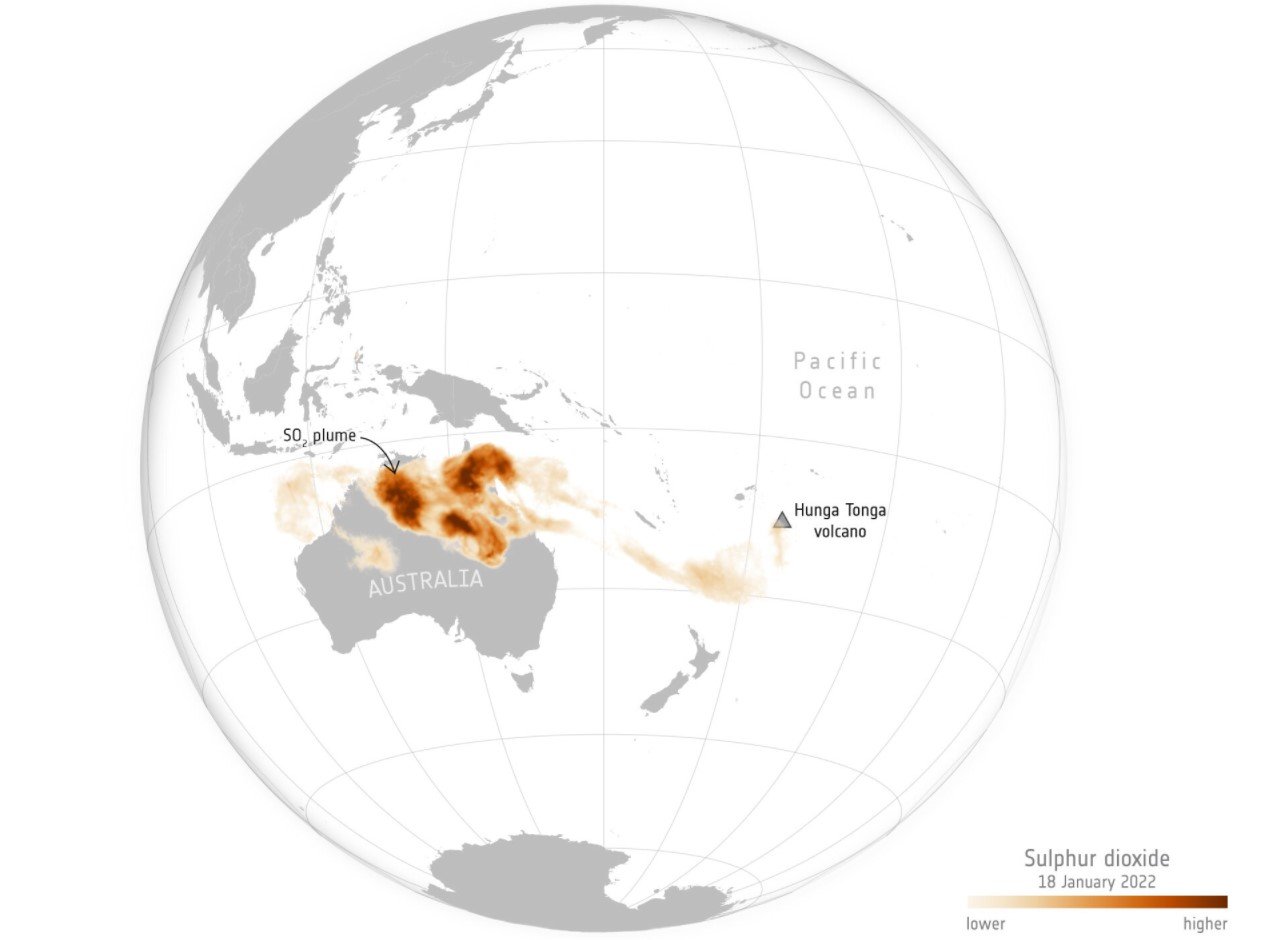 Гигантский шлейф диоксида серы от разрушительного извержения вулкана Тонга распространился по всему миру (видео и фото)