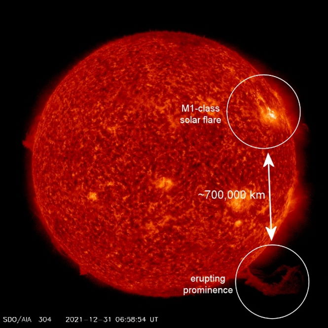 На Солнце новая аномалия: гигантский протуберанец и два синхронных взрыва.