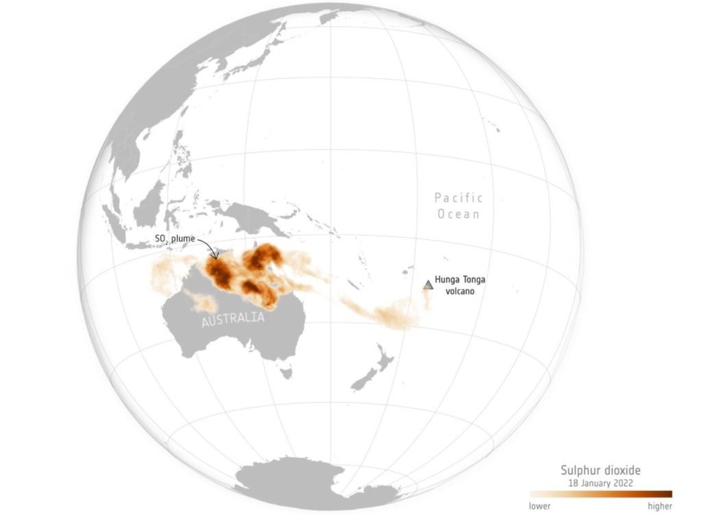 диоксид серы от извержения на Тонге распространяется по Австралии и всему миру