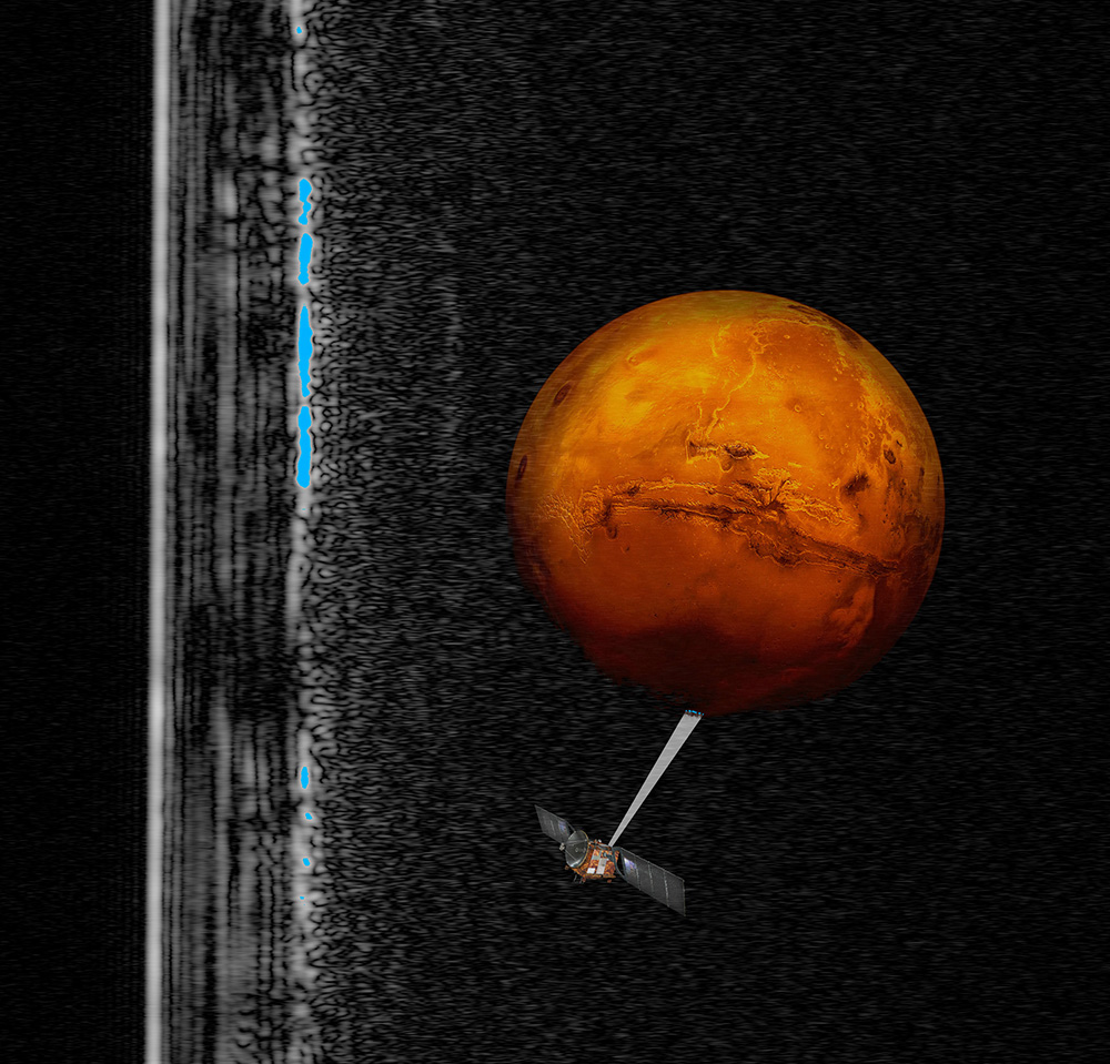 Художественное изображение космического корабля Mars Express, исследующего южное полушарие Марса. Радар "рисунок" отображается на заднем плане (повернуто на 90 градусов). Самая яркая белая линия — это поверхность, а голубые пятна интерпретируются как жидкая вода. Кредит: ЕКА, INAF