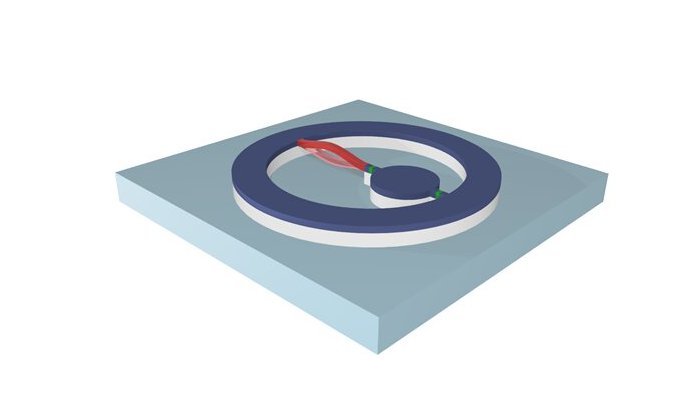 Устройство смещения состоит из механического резонатора (красный), который соединен со сверхпроводящим кубитом (темно-синий). Когда резонатор перемещается вверх и вниз, он изменяет состояние сверхпроводящего кубита. Кредит: Эдвард Лэрд