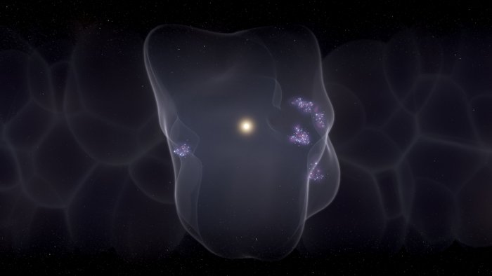 Художественная иллюстрация Местного пузыря с образованием звезд на поверхности пузыря. Теперь ученые показали, как цепь событий, начавшаяся 14 миллионов лет назад с серии мощных сверхновых, привела к созданию огромного пузыря, ответственного за формирование всех молодых звезд в пределах 500 световых лет от Солнца и Земли. Авторы и права: Лия ​​Хустак (STScI)