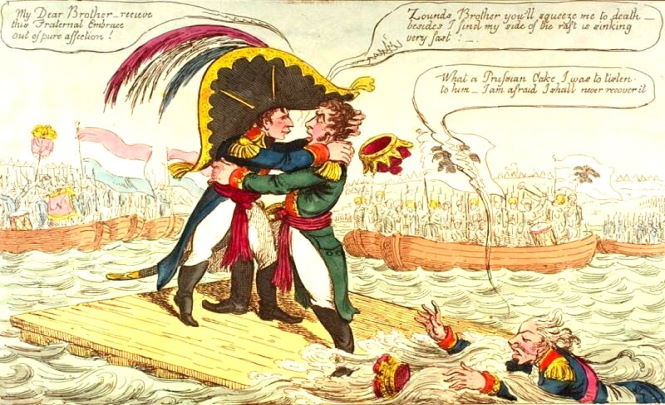 Почему в 1807 году возмущенный русский народ и европейцы стали рисовать странные карикатуры на Александра I и Наполеона