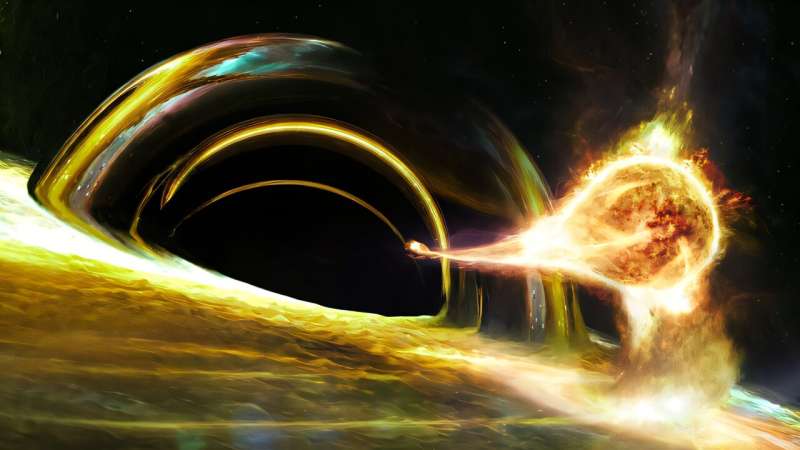 Звезда, разрываемая черной дырой. Предоставлено: Ignacio de la Calle — Quasar Science Resources для ESA Астрономический прорыв: звезда, выжившая после разрушительного столкновения с черной дырой