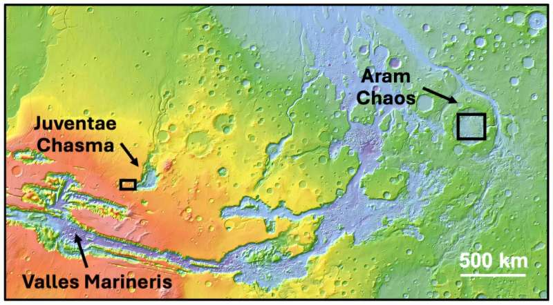 Карта высот региона Валлес Маринерис. Авторы и права: Mars Orbiter Laser Altimeter (MOLA)