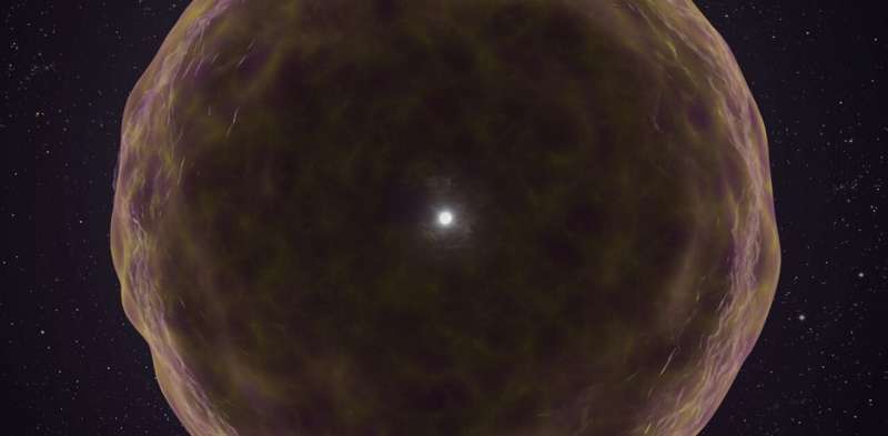 Иллюстрация 'сильно обеднённой' сверхновой 2021yfj. Автор: Keck Observatory / Adam Makarenko Астрономы увидели ядро умирающей звезды, подтвердив теорию образования химических элементов