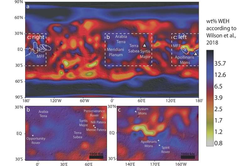 Глобальное распределение водорода у поверхности Земли. Источник: Nature Communications (2025). DOI: 10.1038/s41467-025-63518-8 Вулканы Марса: Неожиданный источник льда у экватора